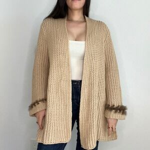 Escada Cardigan Sze 40 Tan Cashmere Silk Knit Rabbit Fur Trim Open Front Sweater